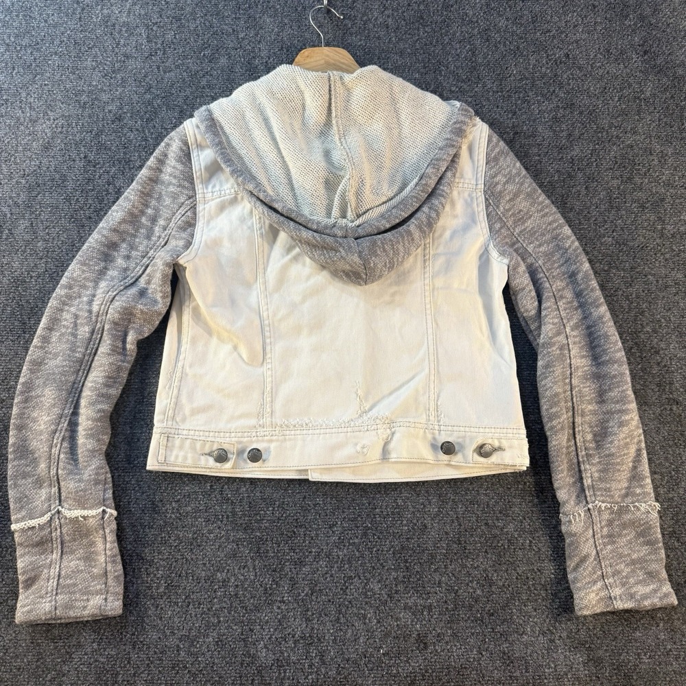 Free People Hooded Denim Knit Jacket White Gray Distressed Crop Women's S